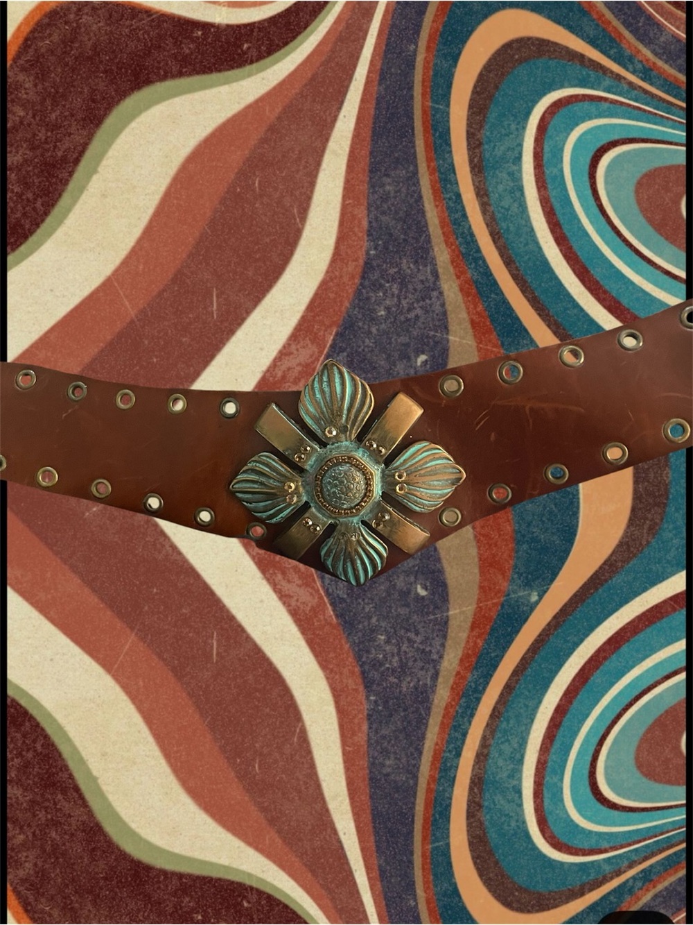 BEBE - Vintage YTK Brown Leather Belt with Turquoise-Patina Floral Concho
